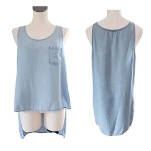 Dex White Blue Chambray Exaggerated High Low Sleeveless Top Boho Loose Fit